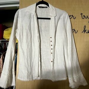 Zara White Lace-Trim Button Down Tie Blouse